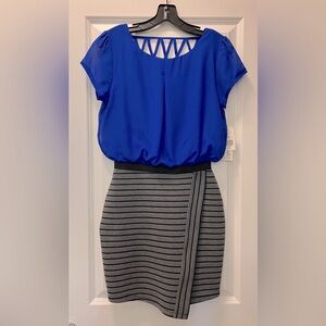 NWT SPEECHLESS Mini Dress With Pencil Skirt And Blouse-Royal Blue/Black Striped